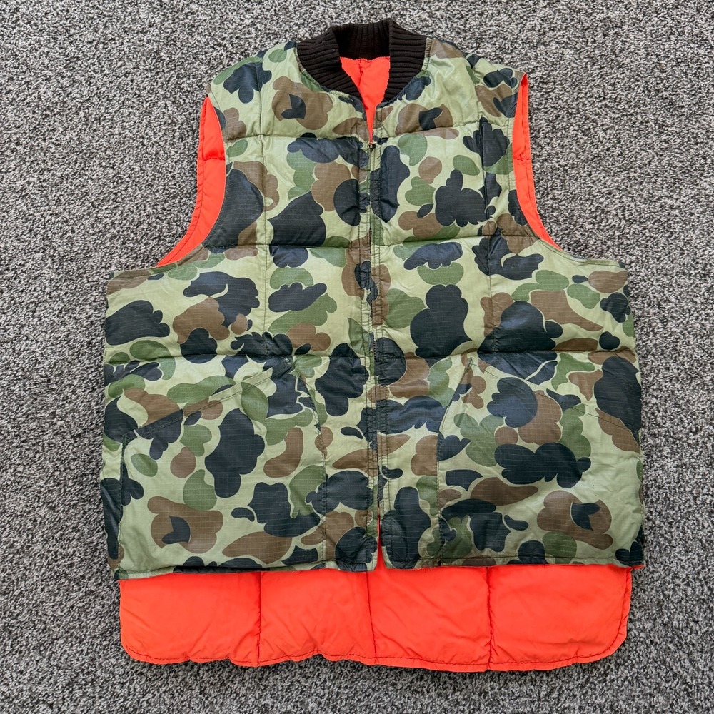 VTG Black Sheep Duck Camo Reversible Quilted Down Puffer Vest Green Orange Large